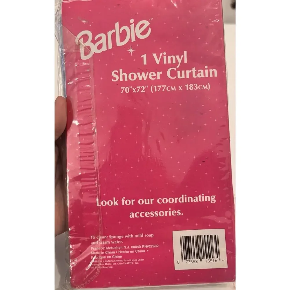 New Vintage Barbie Shower Curtain 70x72 Pink White Vinyl Blonde Pink Dress 90's